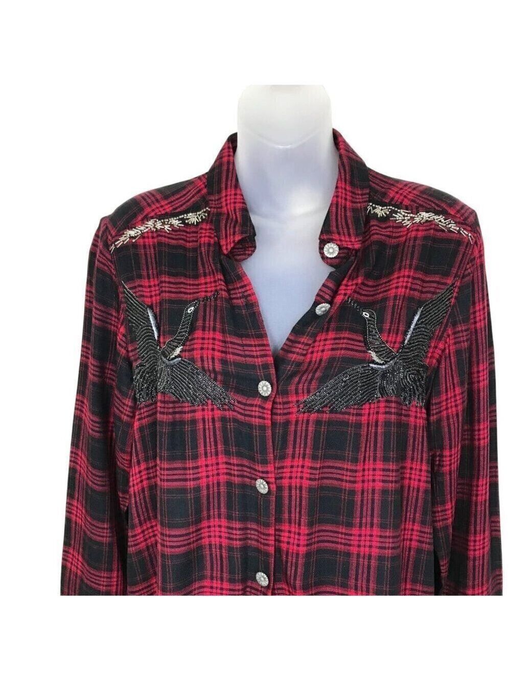 The Kooples Black & Red Plaid Button Down Shirt With Studs & Bead Work Size XXS